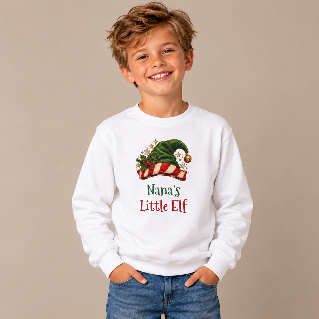 Boy wearing the White Nana's Little Elf Youth Sweatshirt