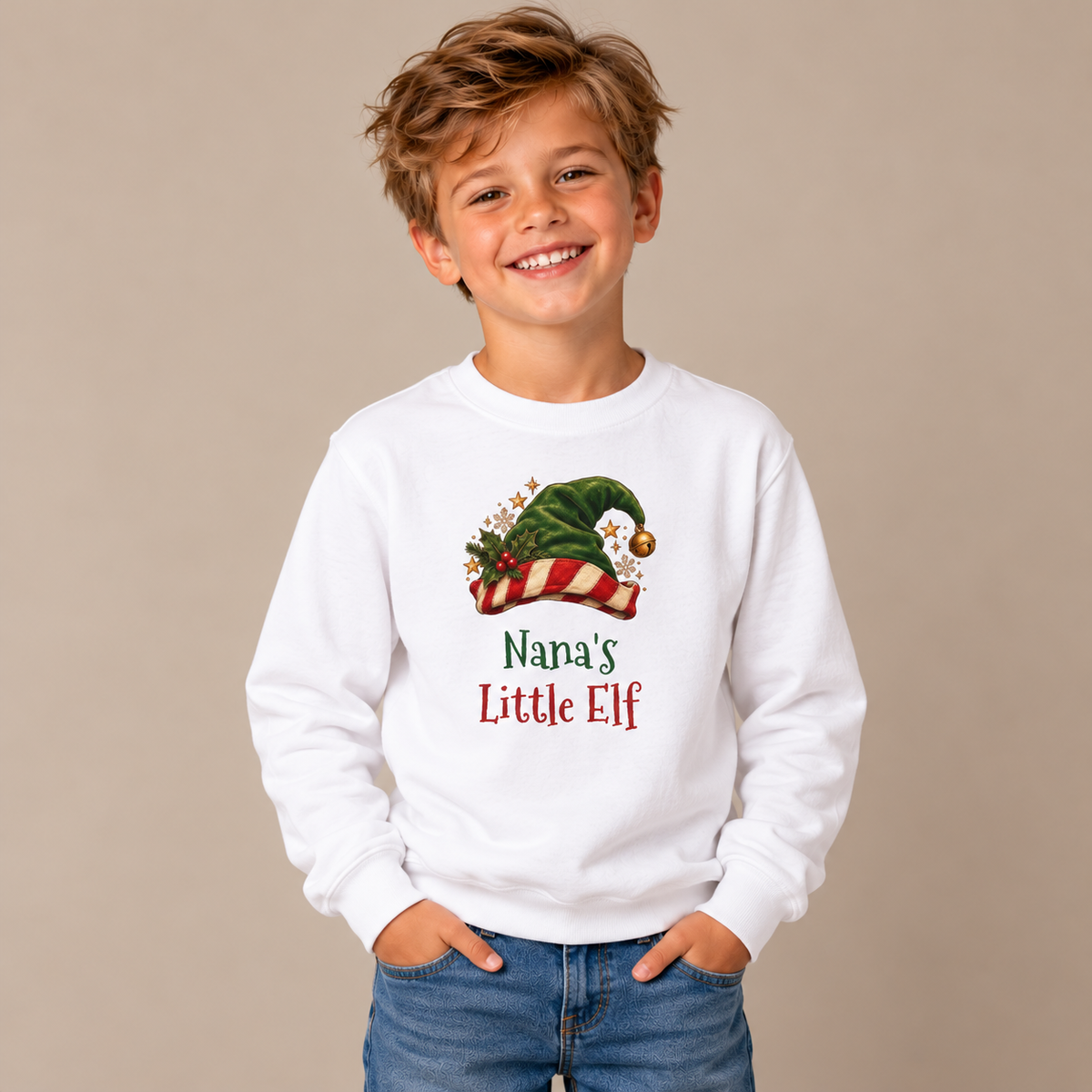 Boy wearing the White Nana's Little Elf Youth Sweatshirt