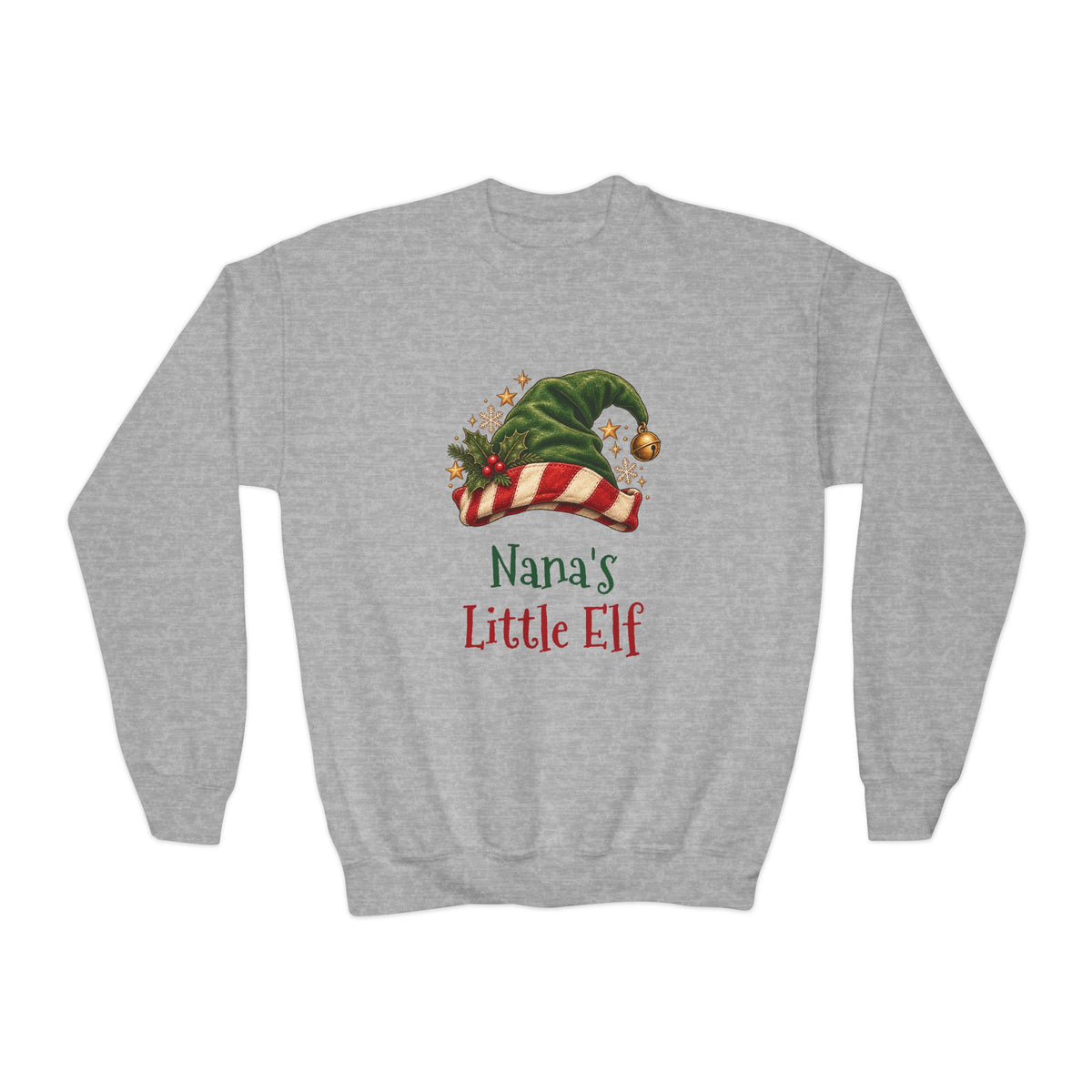 Sport Grey Nana's Little Elf youth sweatshirt with a green elf hat and holly, front view