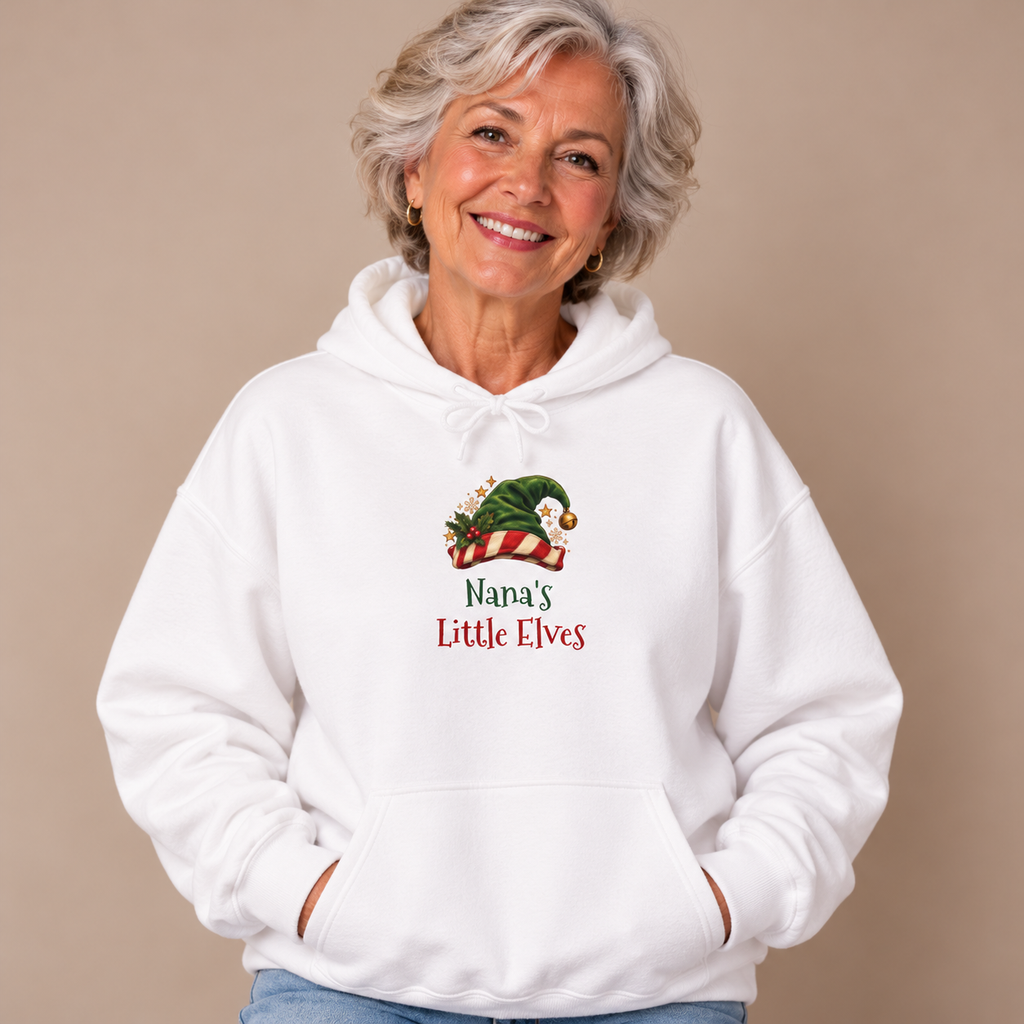 Grandmother wearing the White Nana's Little Elves Hoodie with jeans
