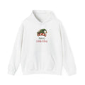 White Nana's Little Elves hoodie with a green elf hat and holly, front view