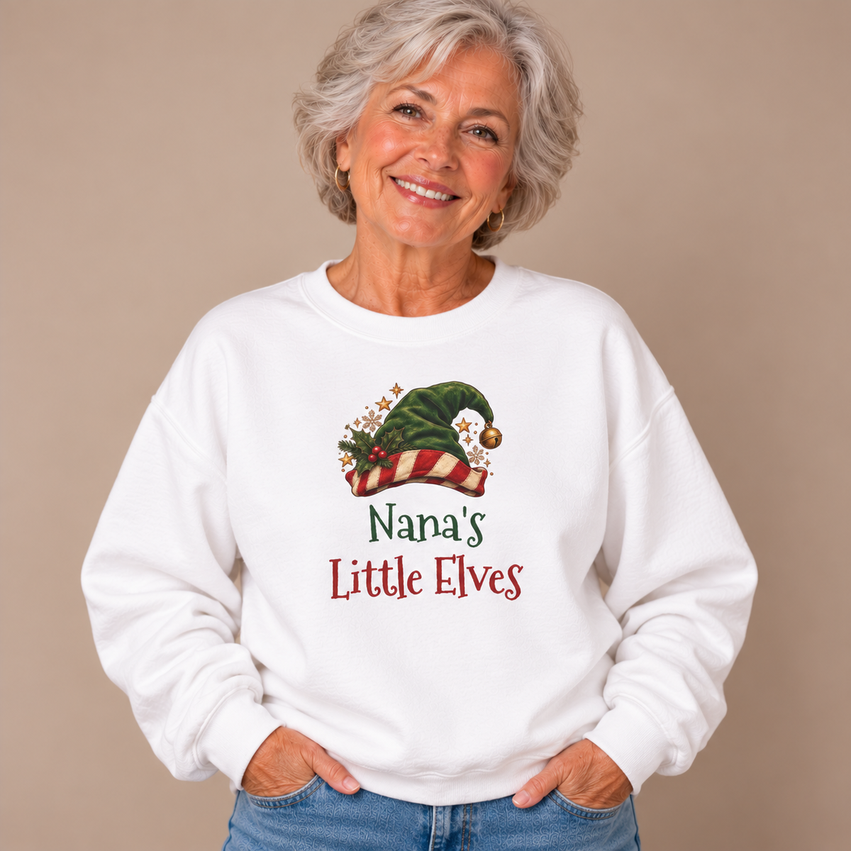 Grandmother wearing the White Nana's Little Elves Sweatshirt with jeans