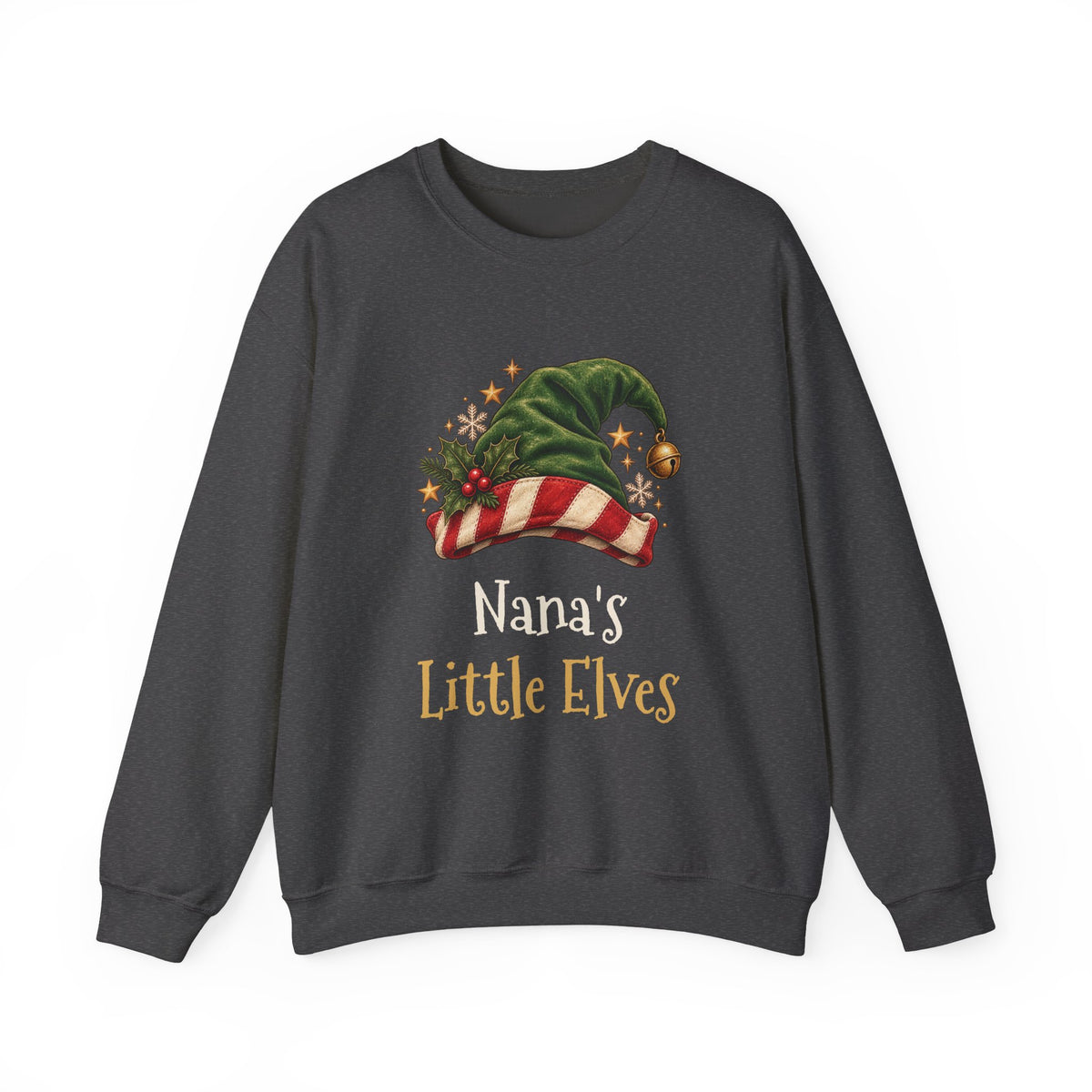 Dark Heather Nana's Little Elves sweatshirt with a green elf hat and holly, front view
