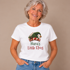 Grandmother wearing the White Nana's Little Elves T-Shirt with jeans