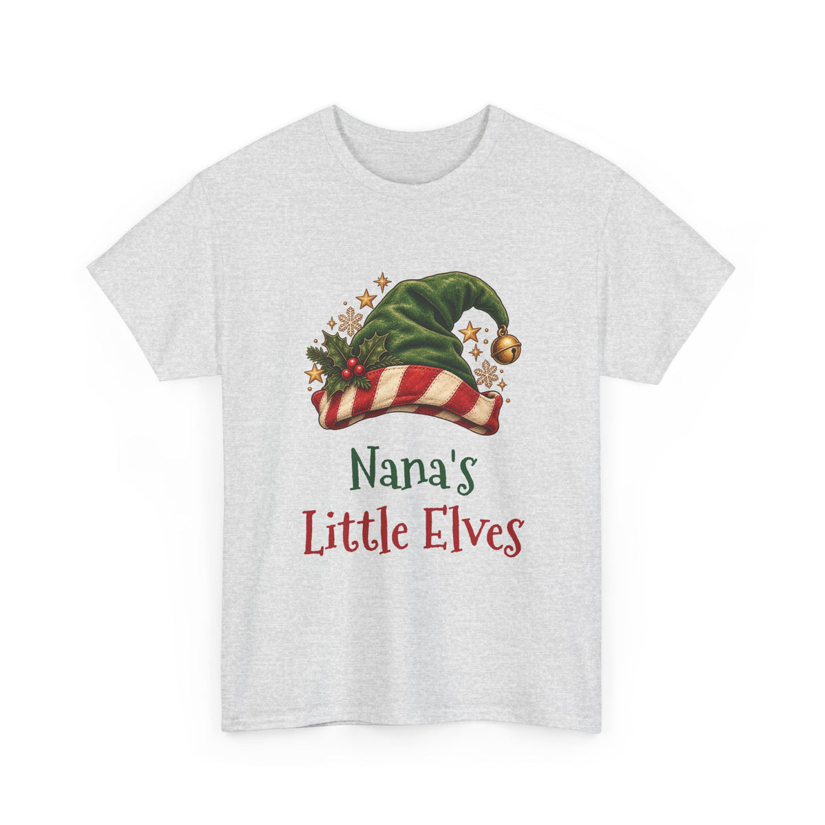 Ash Nana's Little Elves t-shirt with a green elf hat and holly, front view
