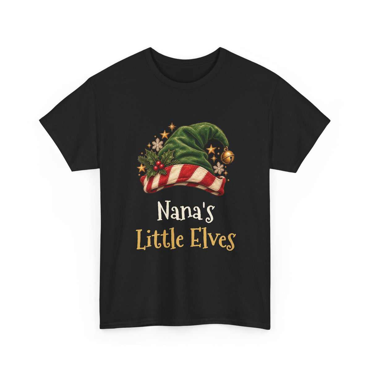 Black Nana's Little Elves t-shirt with a green elf hat and holly, front view