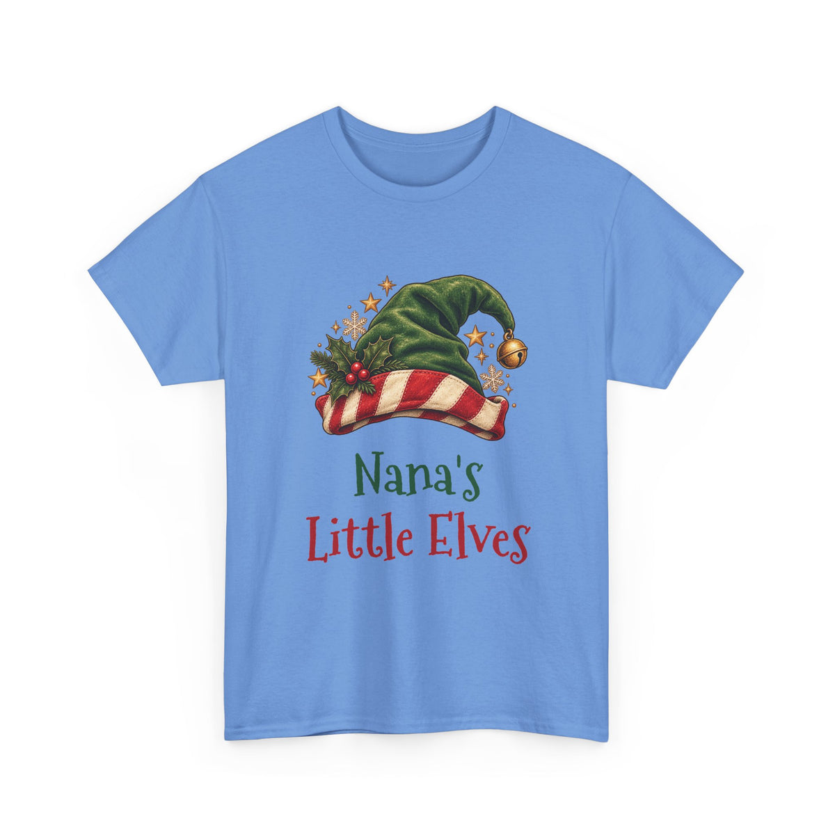 Carolina Blue Nana's Little Elves t-shirt with a green elf hat and holly, front view