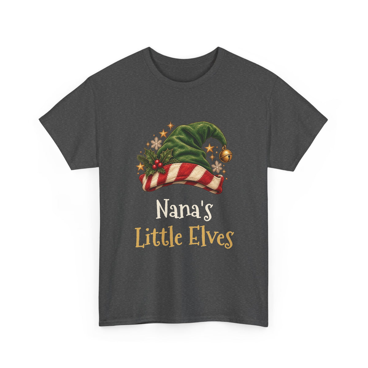 Dark Heather Nana's Little Elves t-shirt with a green elf hat and holly, front view