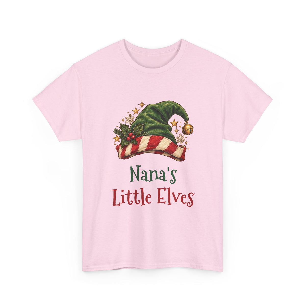 Light Pink Nana's Little Elves t-shirt with a green elf hat and holly, front view