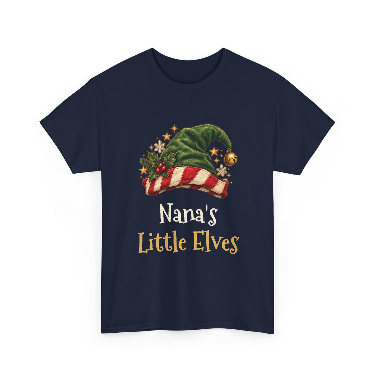 Navy Nana's Little Elves t-shirt with a green elf hat and holly, front view