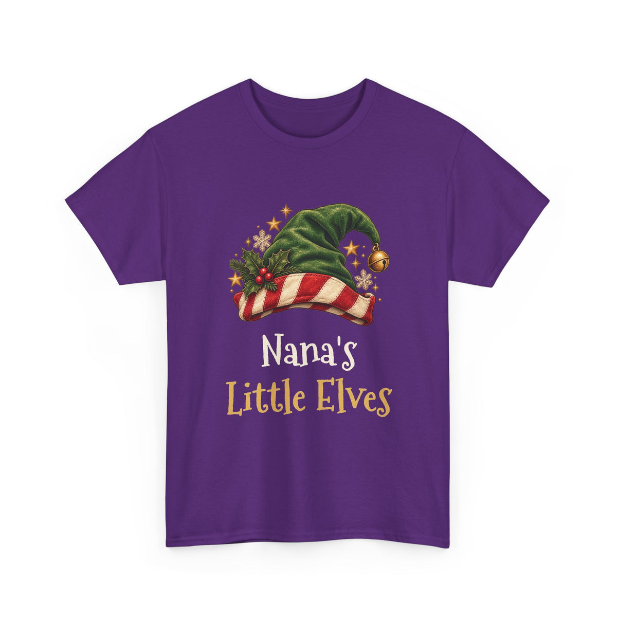 Purple Nana's Little Elves t-shirt with a green elf hat and holly, front view