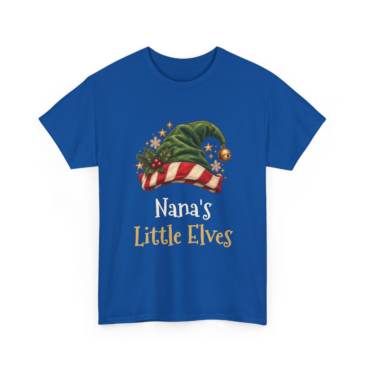 Royal Nana's Little Elves t-shirt with a green elf hat and holly, front view