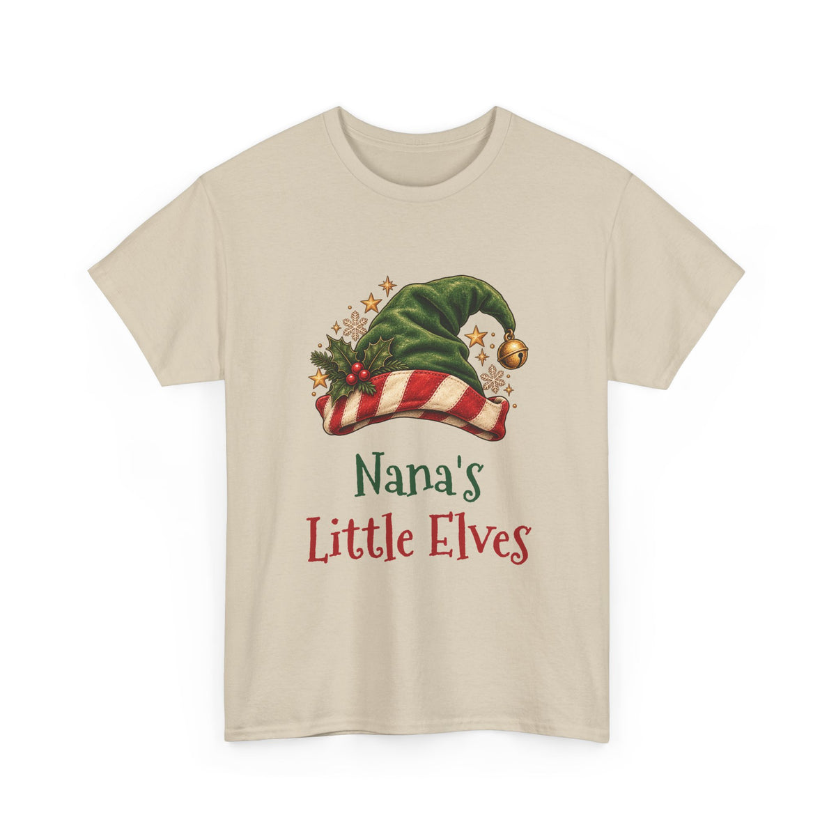 Sand Nana's Little Elves t-shirt with a green elf hat and holly, front view