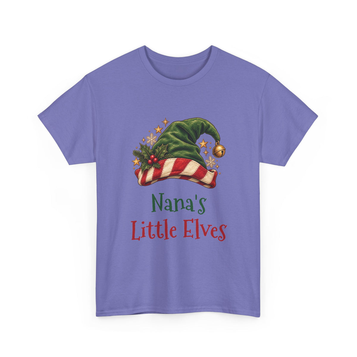 Violet Nana's Little Elves t-shirt with a green elf hat and holly, front view