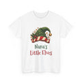 White Nana's Little Elves t-shirt with a green elf hat and holly, front view