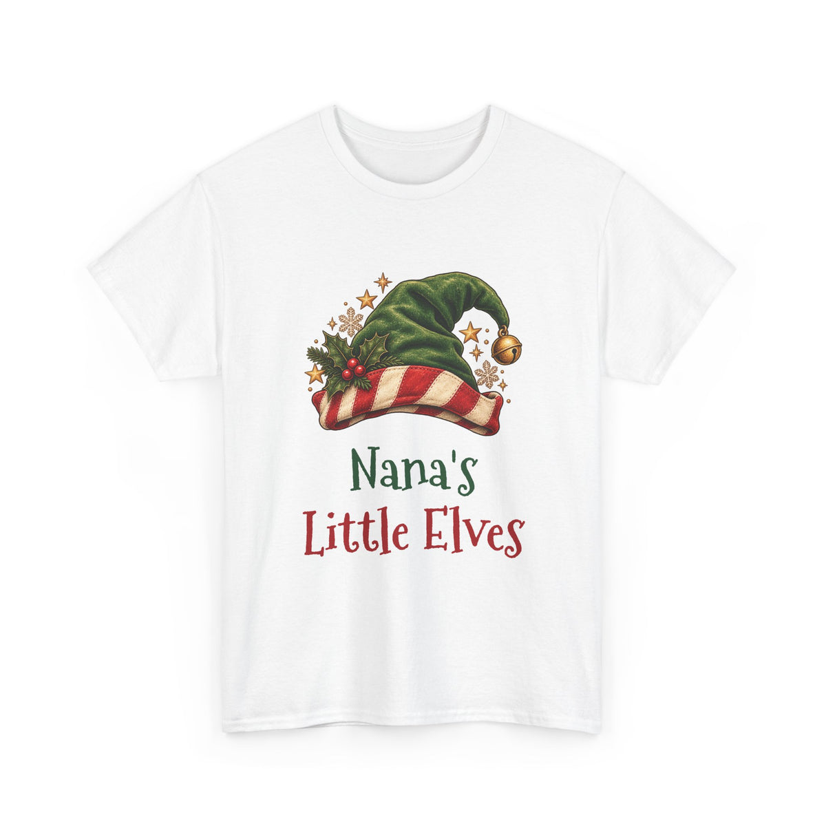 White Nana's Little Elves t-shirt with a green elf hat and holly, front view