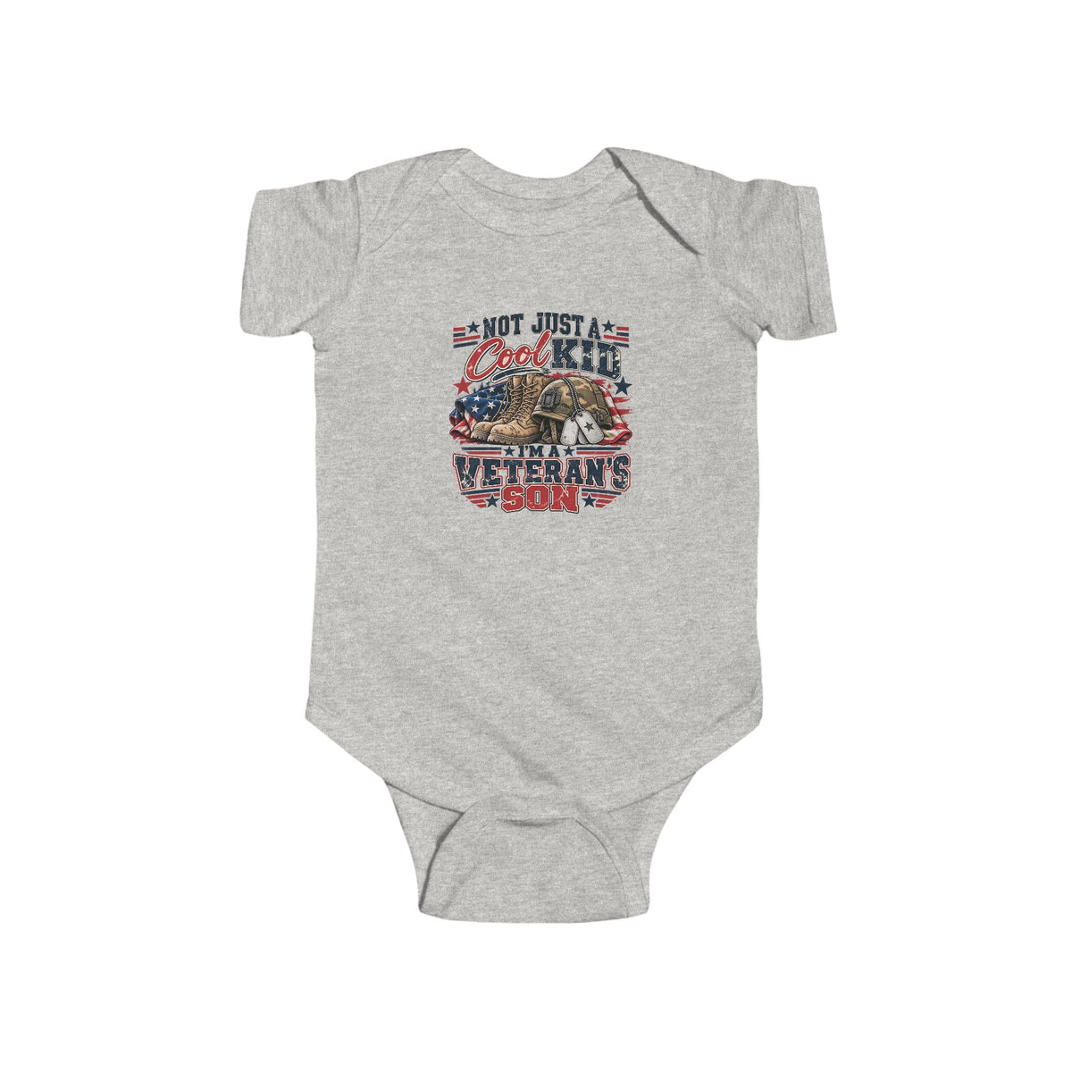 Ash Not Just A Cool Kid I'm A Veteran's Son baby bodysuit with a patriotic red, white and blue print, front view