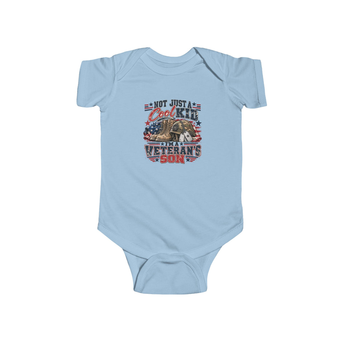 Light Blue Not Just A Cool Kid I'm A Veteran's Son baby bodysuit with a patriotic red, white and blue print, front view