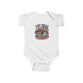 White Not Just A Cool Kid I'm A Veteran's Son baby bodysuit with a patriotic red, white and blue print, front view