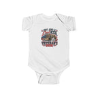 White Not Just A Cool Kid I'm A Veteran's Son baby bodysuit with a patriotic red, white and blue print, front view