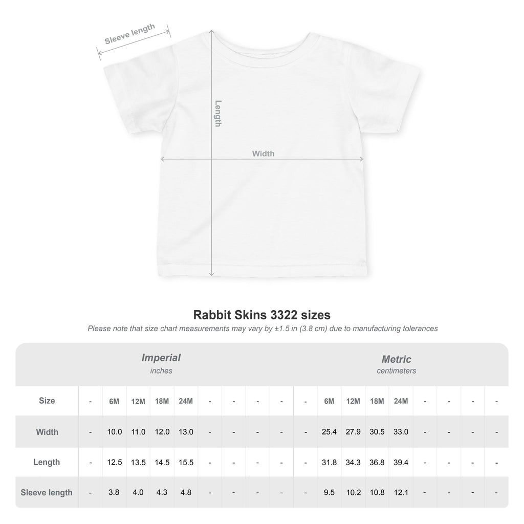 Rabbit Skins 3322 infant t-shirt size chart in inches and centimetres