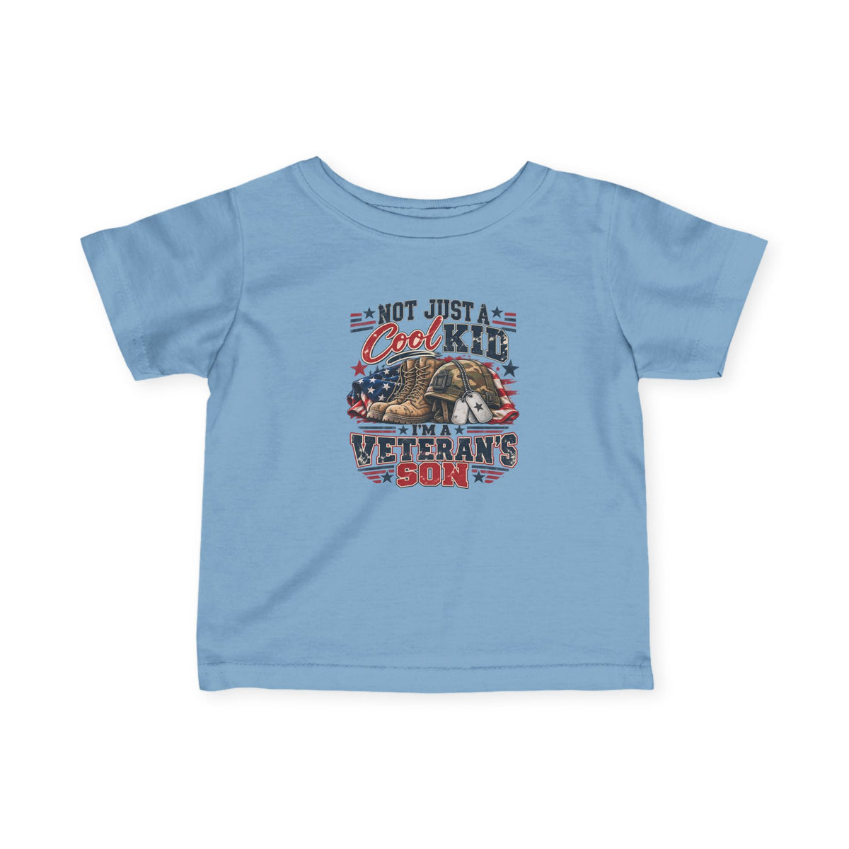 Light Blue Not Just A Cool Kid I'm A Veteran's Son baby t-shirt with a patriotic red, white and blue print, front view