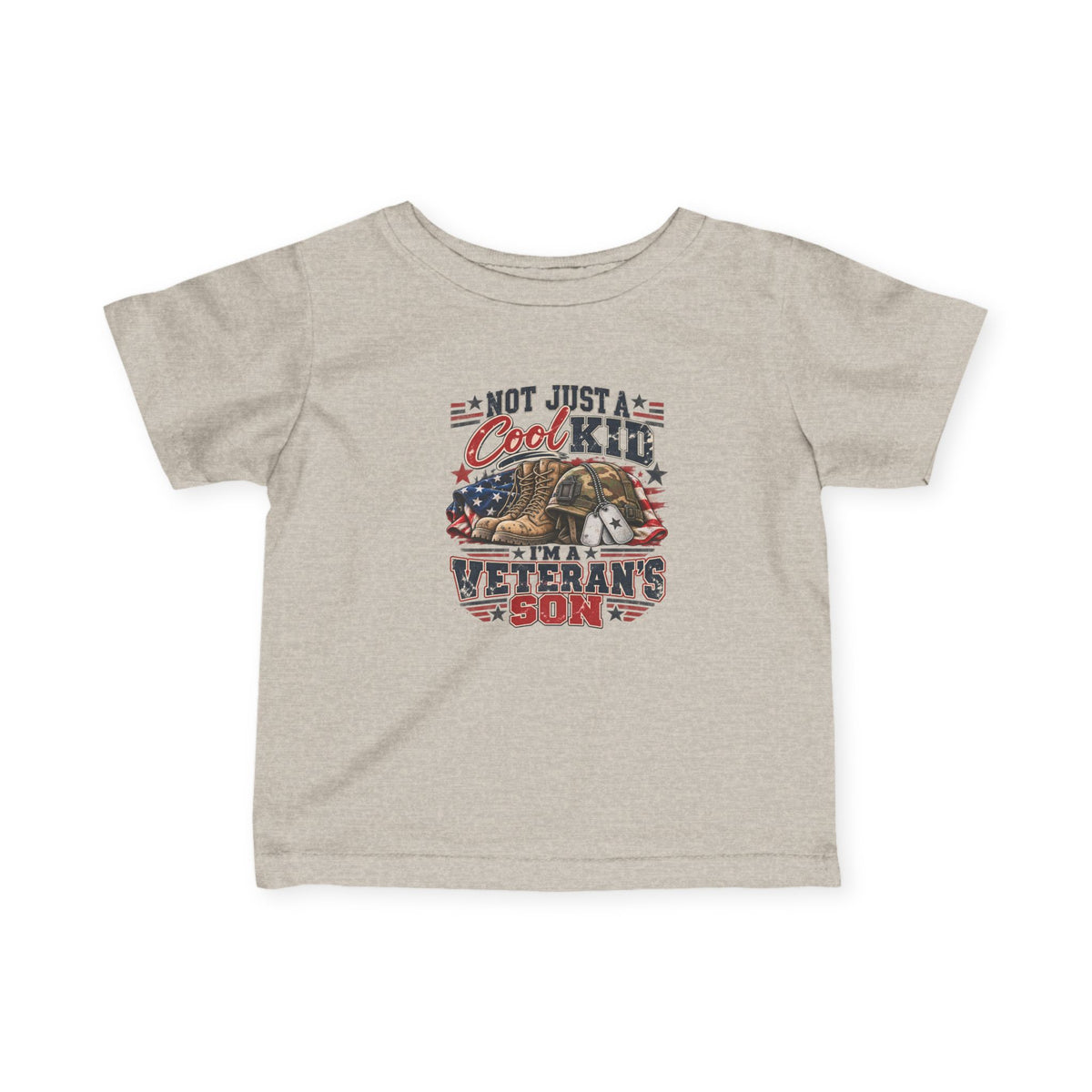 Natural Heather Not Just A Cool Kid I'm A Veteran's Son baby t-shirt with a patriotic red, white and blue print, front view