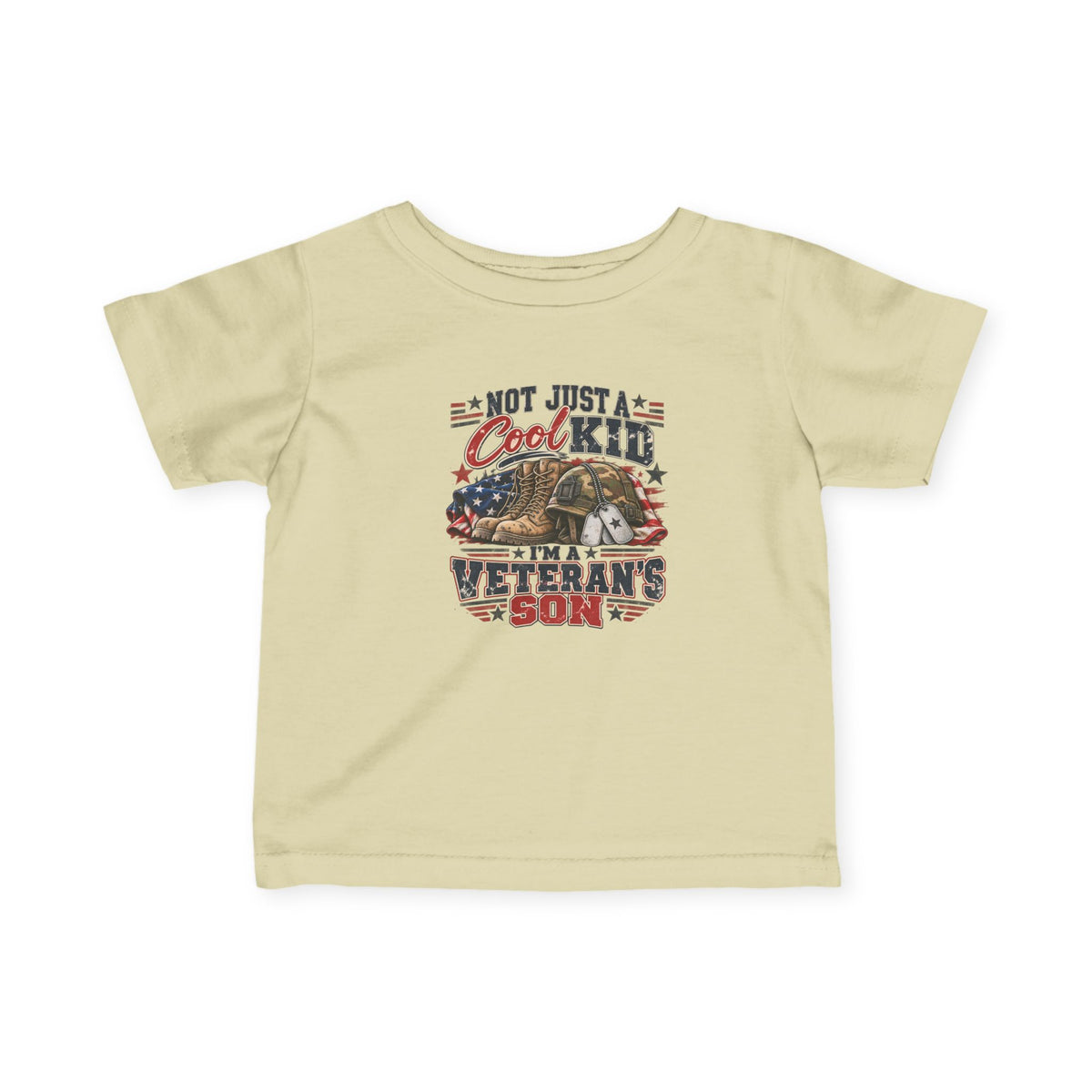 Natural Not Just A Cool Kid I'm A Veteran's Son baby t-shirt with a patriotic red, white and blue print, front view