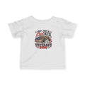 White Not Just A Cool Kid I'm A Veteran's Son baby t-shirt with a patriotic red, white and blue print, front view