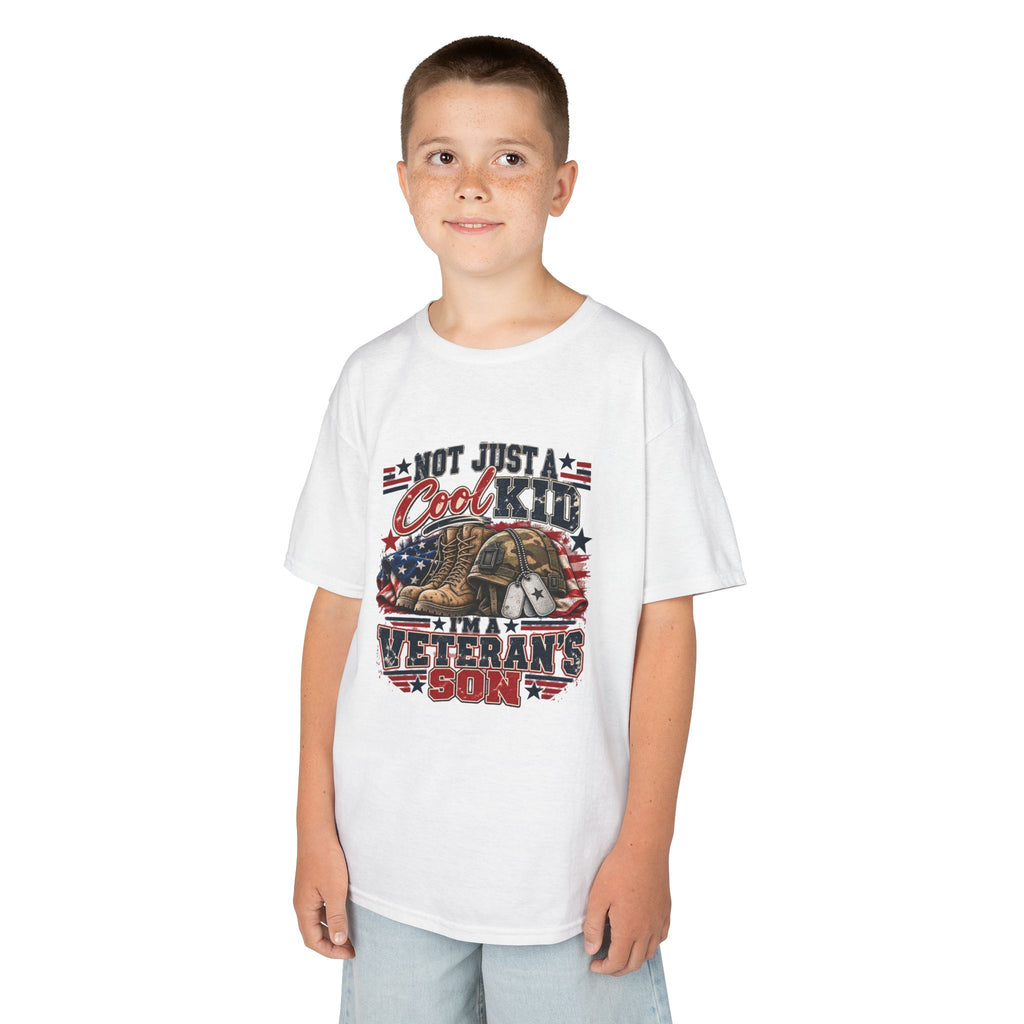 Boy wearing the white Not Just A Cool Kid I'm A Veteran's Son Kids T-Shirt
