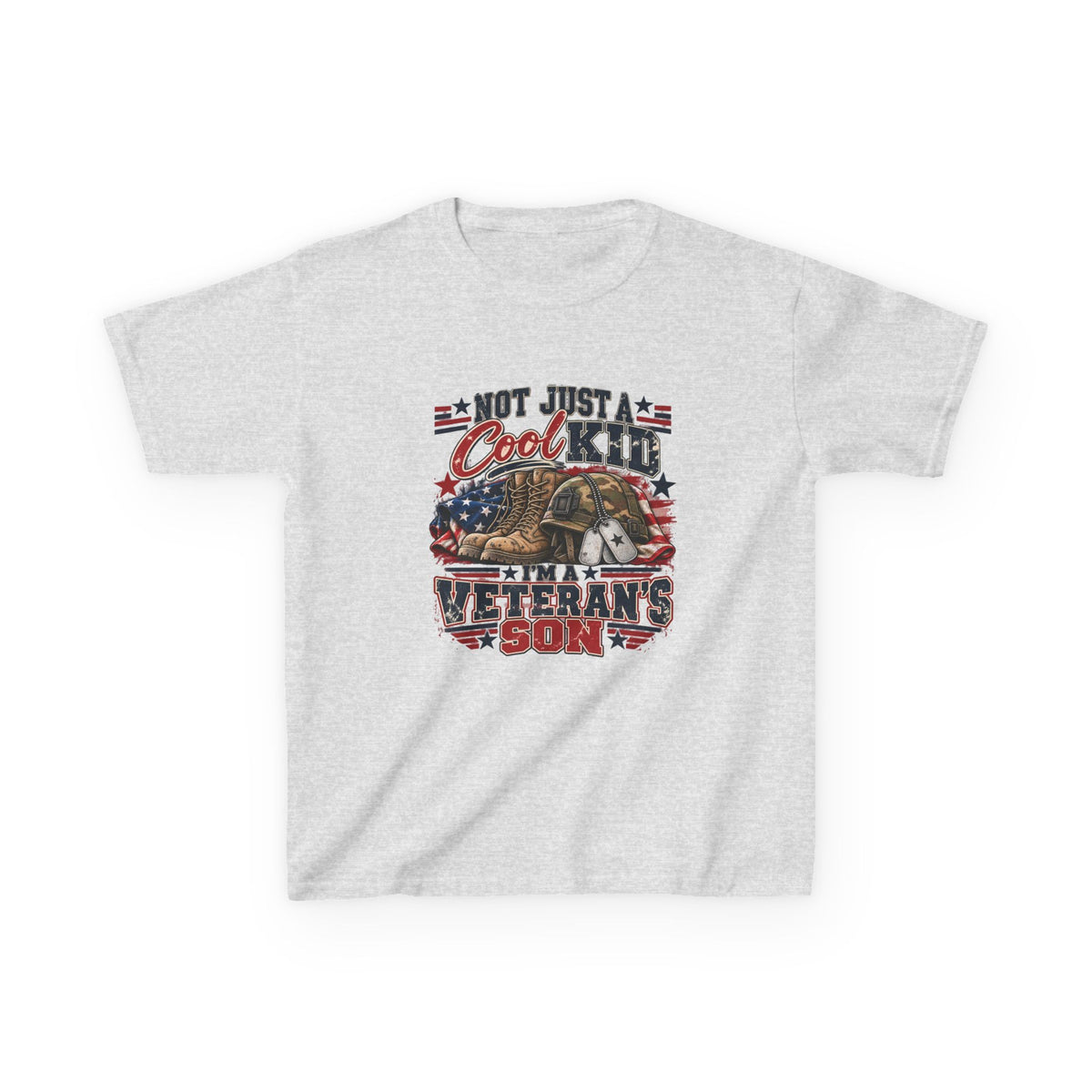 Ash Not Just A Cool Kid I'm A Veteran's Son kids t-shirt with a patriotic red, white and blue print, front view