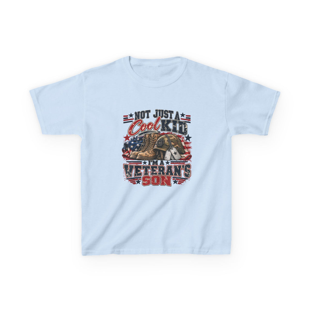 Light Blue Not Just A Cool Kid I'm A Veteran's Son kids t-shirt with a patriotic red, white and blue print, front view