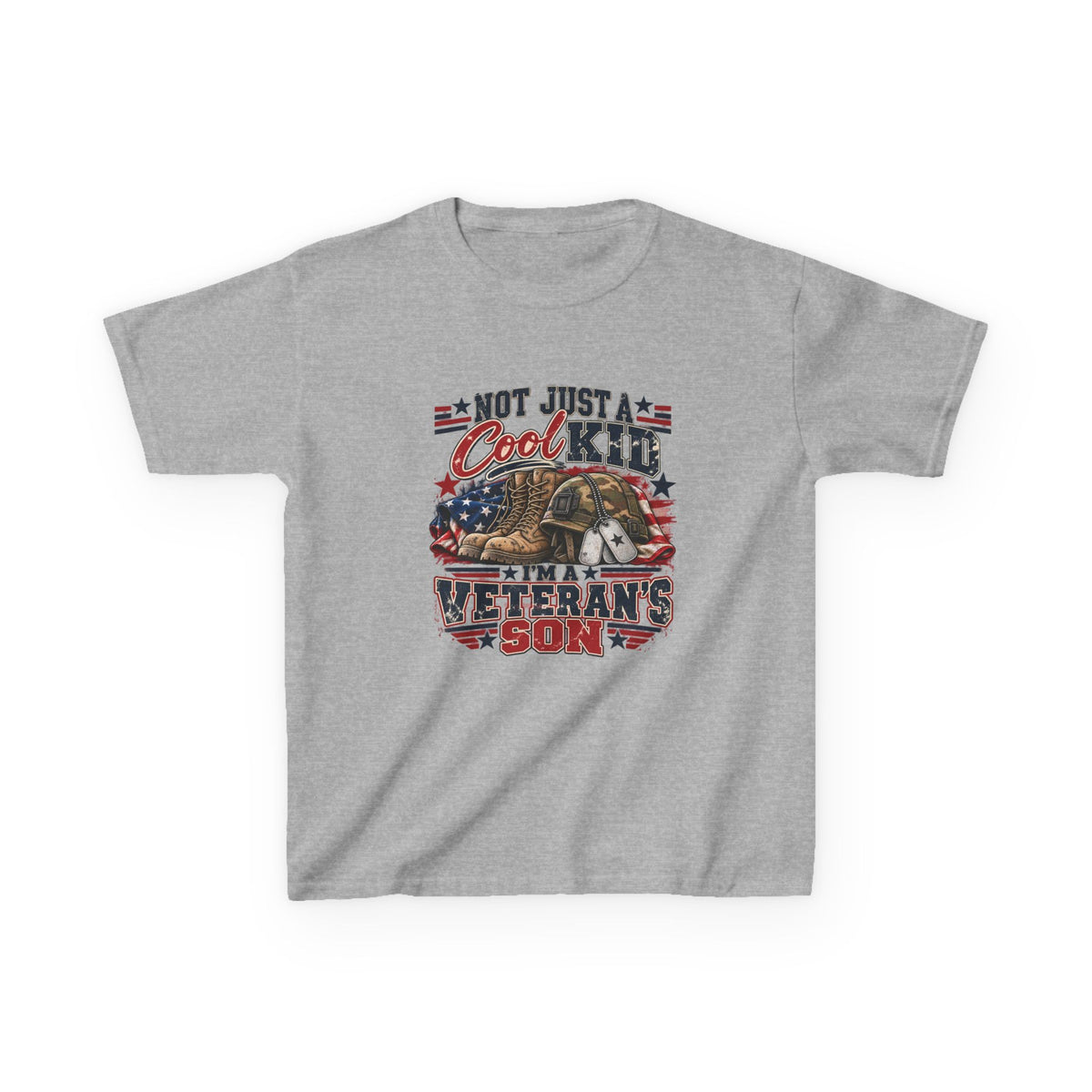 Sport Grey Not Just A Cool Kid I'm A Veteran's Son kids t-shirt with a patriotic red, white and blue print, front view