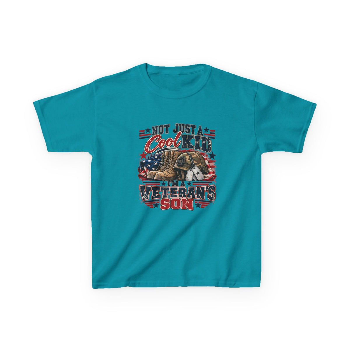 Tropical Blue Not Just A Cool Kid I'm A Veteran's Son kids t-shirt with a patriotic red, white and blue print, front view