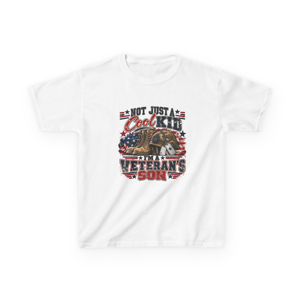 White Not Just A Cool Kid I'm A Veteran's Son kids t-shirt with a patriotic red, white and blue print, front view