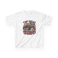White Not Just A Cool Kid I'm A Veteran's Son kids t-shirt with a patriotic red, white and blue print, front view