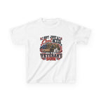 White Not Just A Cool Kid I'm A Veteran's Son kids t-shirt with a patriotic red, white and blue print, front view