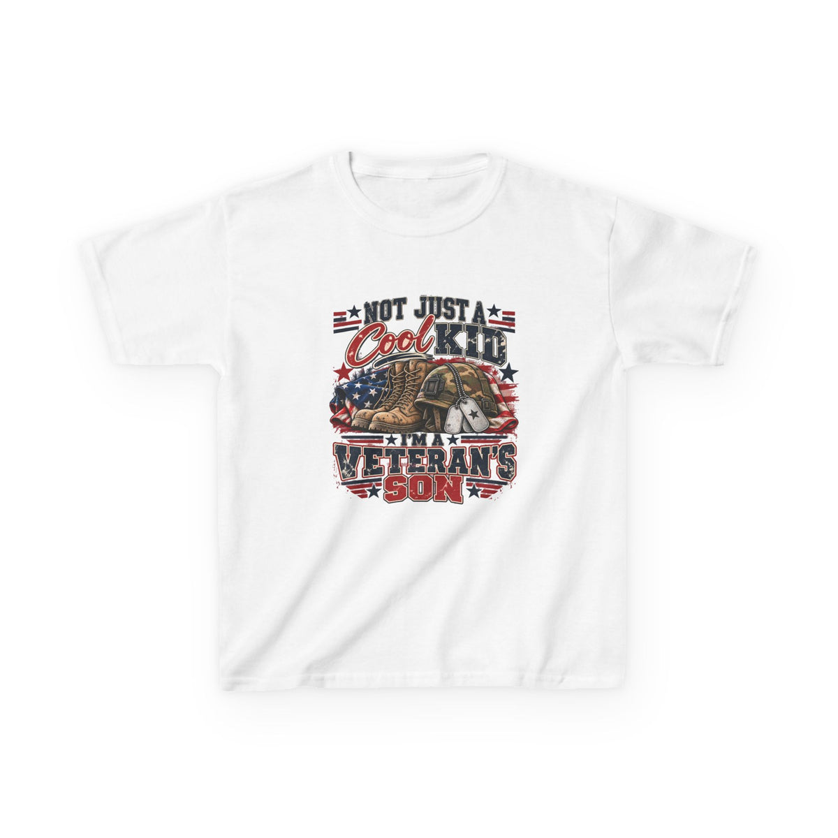 White Not Just A Cool Kid I'm A Veteran's Son kids t-shirt with a patriotic red, white and blue print, front view