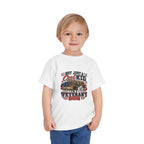 Toddler wearing the white Not Just A Cool Kid I'm A Veteran's Son Toddler T-Shirt