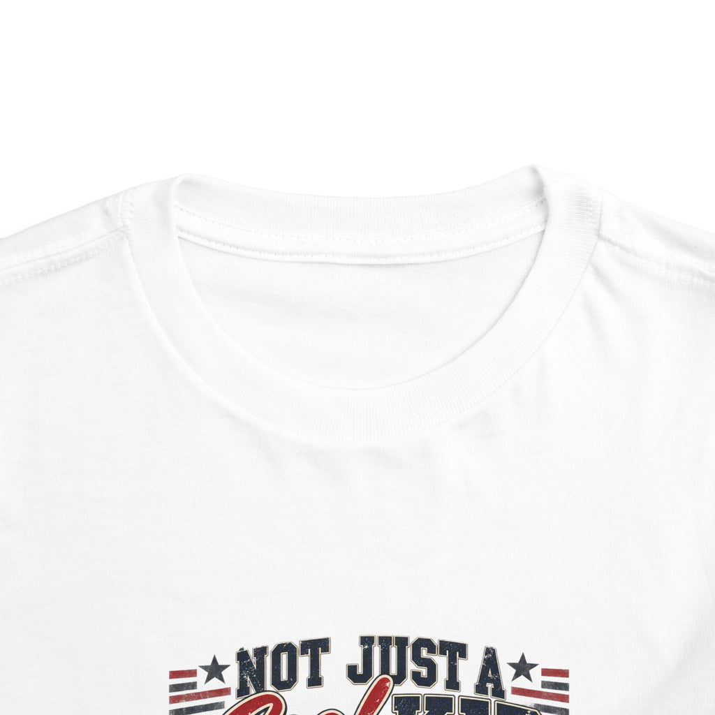 Not Just A Cool Kid I'm A Veteran's Son Toddler T-Shirt, front collar close-up