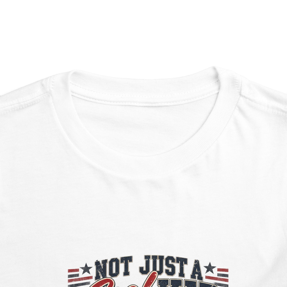 Not Just A Cool Kid I'm A Veteran's Son Toddler T-Shirt, front collar close-up