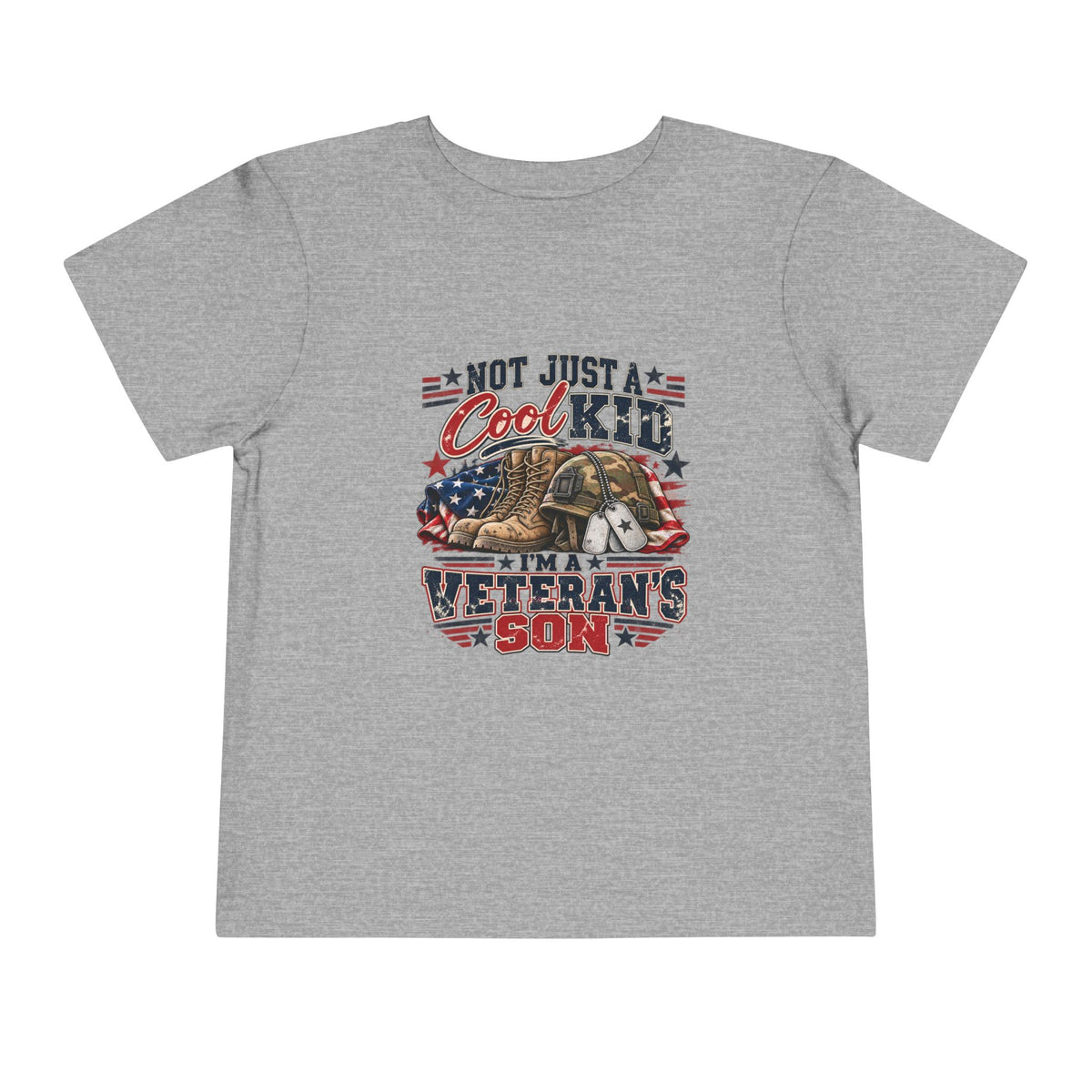 Athletic Heather Not Just A Cool Kid I'm A Veteran's Son toddler t-shirt with a patriotic red, white and blue print, front view