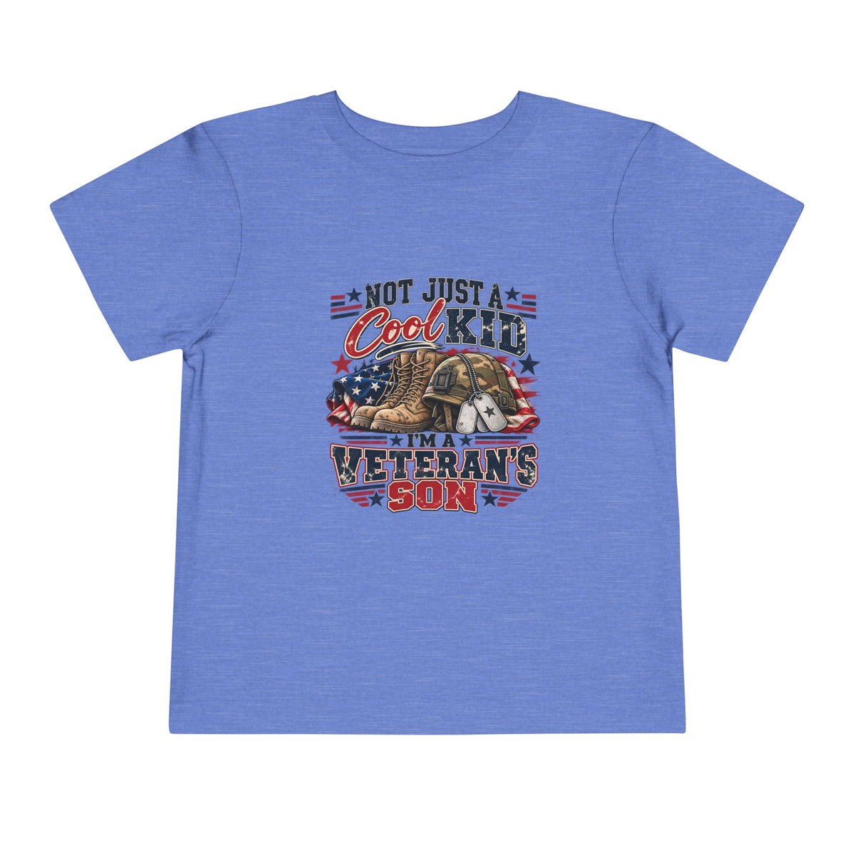 Heather Columbia Blue Not Just A Cool Kid I'm A Veteran's Son toddler t-shirt with a patriotic red, white and blue print, front view
