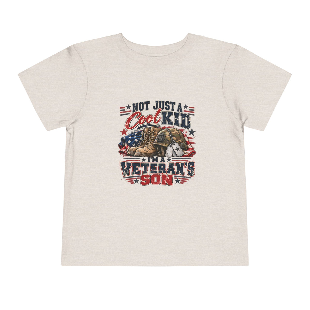 Heather Dust Not Just A Cool Kid I'm A Veteran's Son toddler t-shirt with a patriotic red, white and blue print, front view