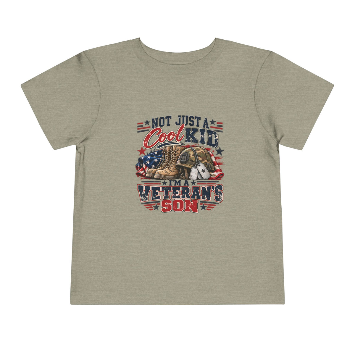 Heather Stone Not Just A Cool Kid I'm A Veteran's Son toddler t-shirt with a patriotic red, white and blue print, front view