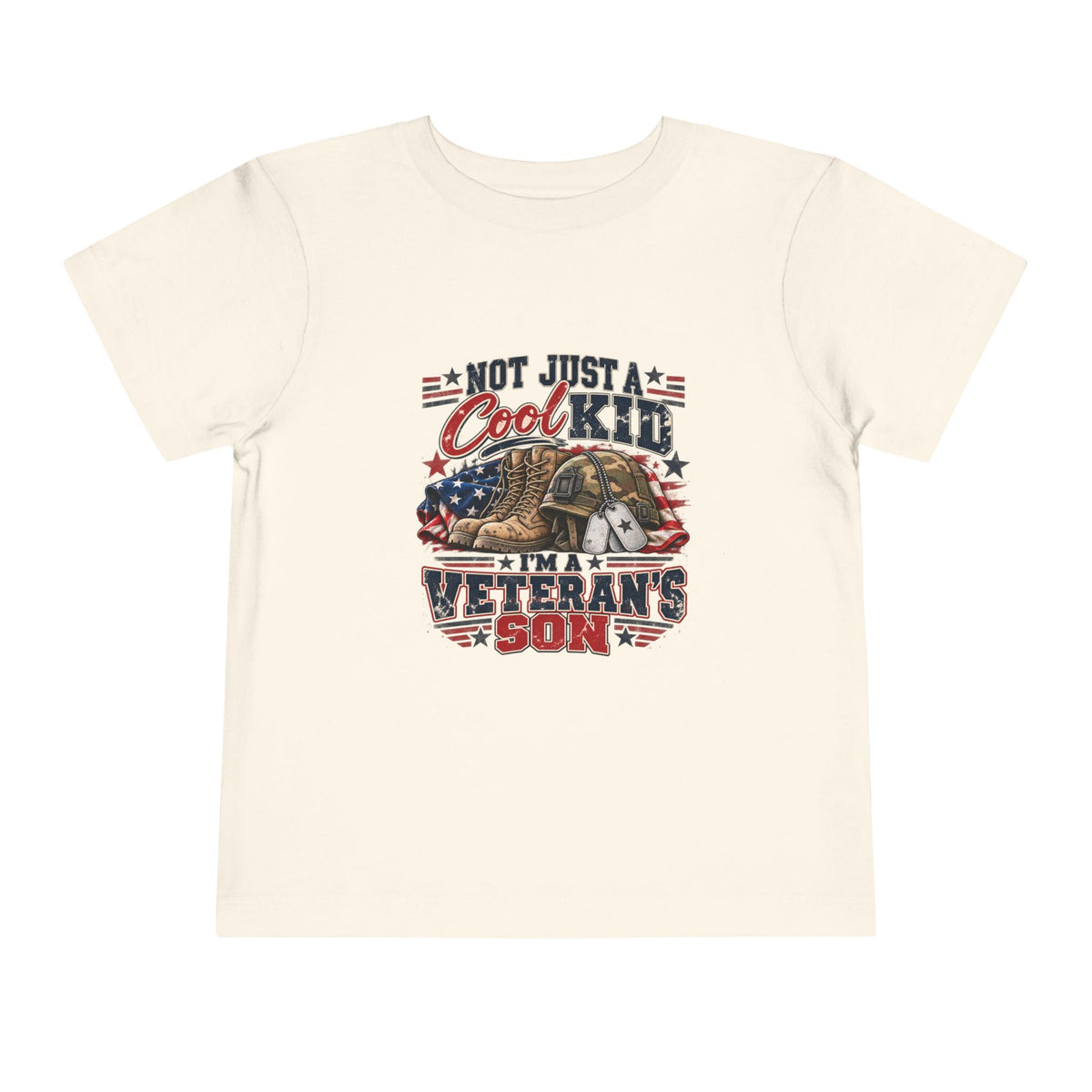 Natural Not Just A Cool Kid I'm A Veteran's Son toddler t-shirt with a patriotic red, white and blue print, front view