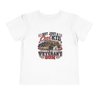 White Not Just A Cool Kid I'm A Veteran's Son toddler t-shirt with a patriotic red, white and blue print, front view
