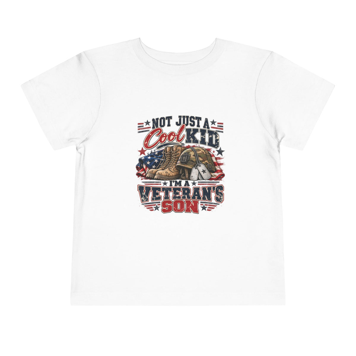 White Not Just A Cool Kid I'm A Veteran's Son toddler t-shirt with a patriotic red, white and blue print, front view