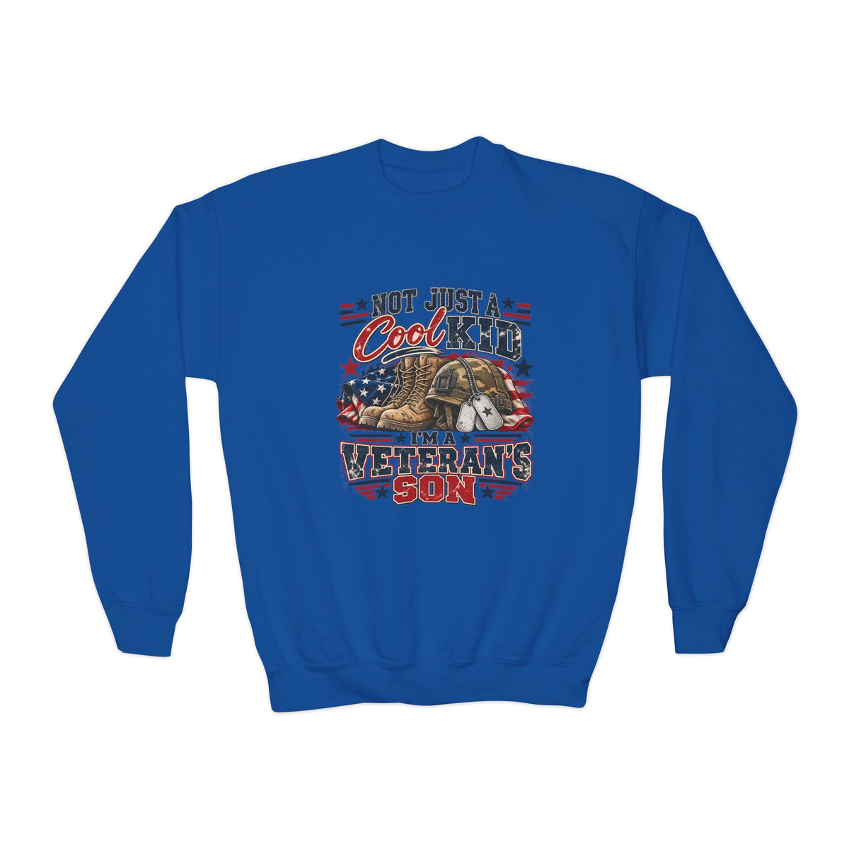 Royal Not Just A Cool Kid I'm A Veteran's Son youth sweatshirt with a patriotic red, white and blue print, front view
