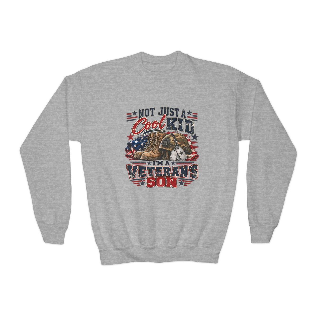 Sport Grey Not Just A Cool Kid I'm A Veteran's Son youth sweatshirt with a patriotic red, white and blue print, front view